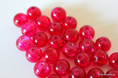 12mm Deep Pink Crackle Glass Beads x 10
